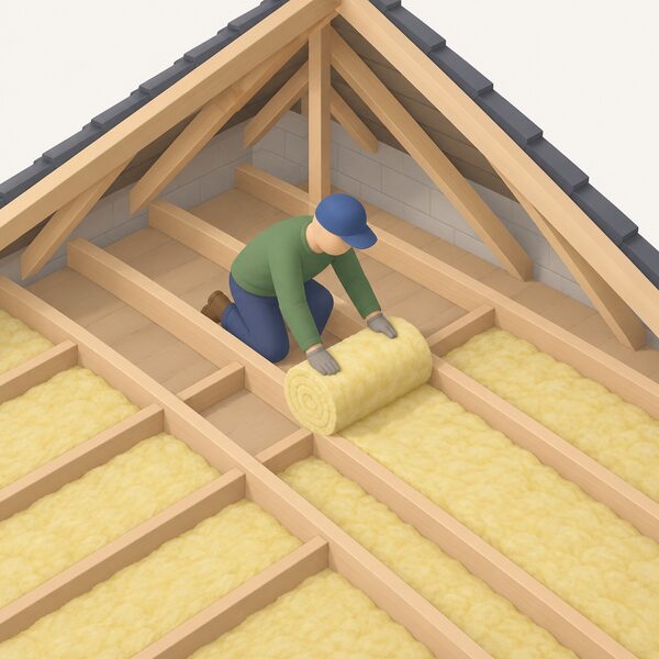 A simplified isometric figure kneeling between loft joists, unrolling a blanket of insulation between them in an otherwise empty loft space, with the pitched roof and ceiling joists shown from above.