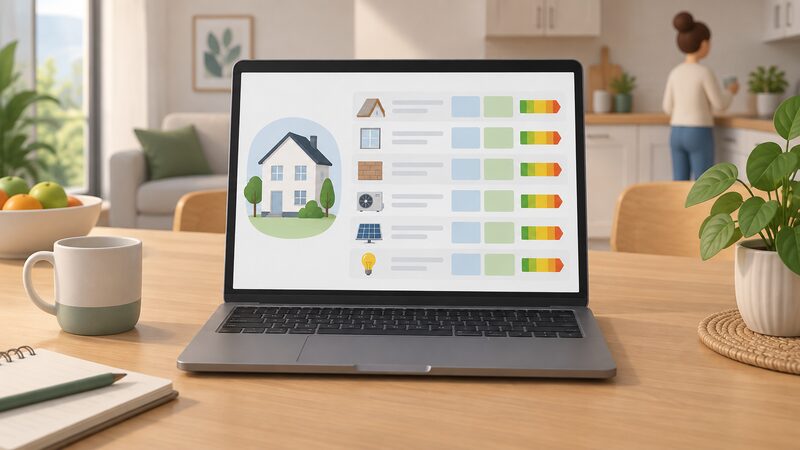 A laptop on a kitchen table displays a home energy action plan as a printed-style screen with a ranked list of recommended measures, each row carrying blank cost and savings blocks and a simple colour rating band, with no readable words or numbers.