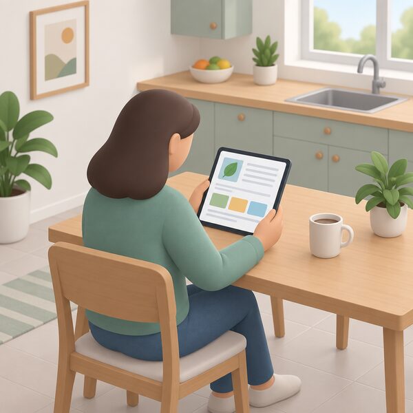 A householder seated at a kitchen table at home reading impartial energy advice on a tablet screen, shown as a plain page with simple colour blocks and blank lines, with no brand names or readable text anywhere in the scene.