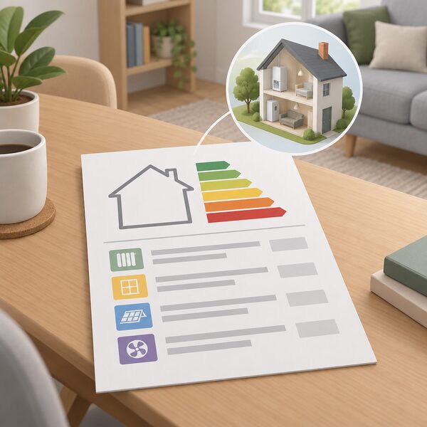 An energy performance certificate report lying on a table in a home, shown as a printed document with a simple house outline, a plain colour rating band and rows of blank lines and blocks representing recommended cost effective improvement measures.