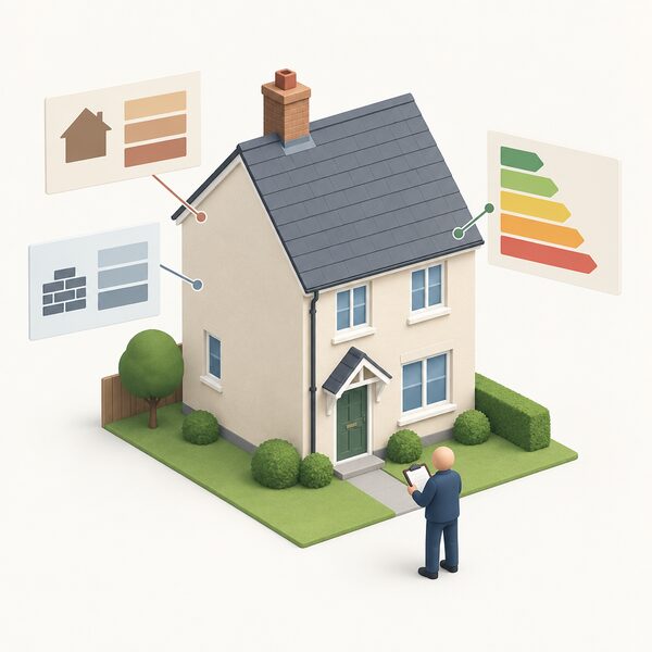 A simple detached house seen from outside with a small isometric assessor figure standing at the front holding a clipboard, while plain colour bands and blank blocks float beside the house representing its age, construction and energy use as recorded details.