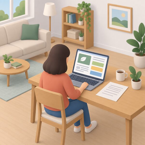 A householder sitting at a table in their living room using a laptop, its screen showing a simple webpage of plain colour blocks and blank lines representing tailored home energy saving advice, with a paper energy bill beside them.