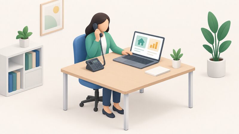 A simplified advisor seated at a desk in an advice centre, holding a phone to their ear, with an open laptop on the desk whose screen shows two plain panels representing the Funding Finder and a household energy report.