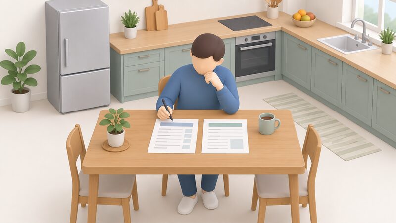 A householder seated at a kitchen table reviewing two paper documents side by side, an application form and an installer's quote, with a pen in hand and a mug nearby.