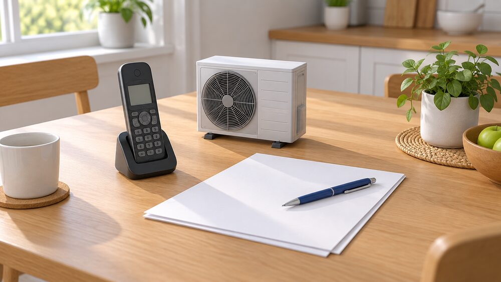 A kitchen table in daylight with a cordless telephone lying beside blank application paperwork, a pen, and a small model of an air source heat pump outdoor unit, suggesting a household phoning for advice about funded clean heating.