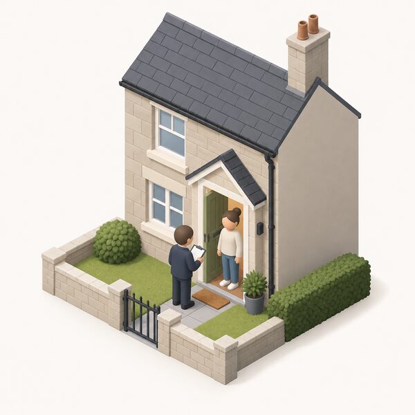 A small isometric figure of an energy adviser stands at the front door of a Scottish house, holding a clipboard, talking with a householder who has opened the door, showing the start of a home visit to assess eligibility.