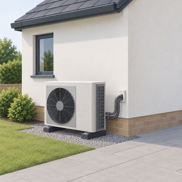 A completed air source heat pump installation shown as the outdoor fan unit mounted on the ground beside the external wall of a small house, with a refrigerant pipe and cable running through the wall to the home, a finished job with no work in progress.