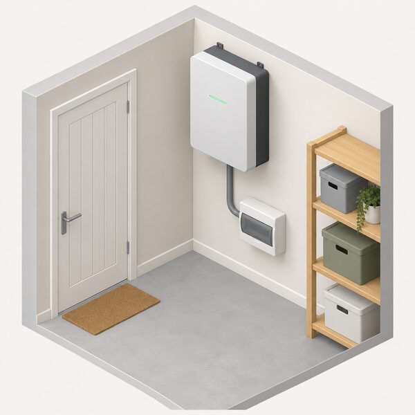 A wall-mounted battery storage unit fixed high on an indoor wall of a plain utility room, with a cable running from it down to a small consumer unit below, shown as a simple isometric interior with no people.