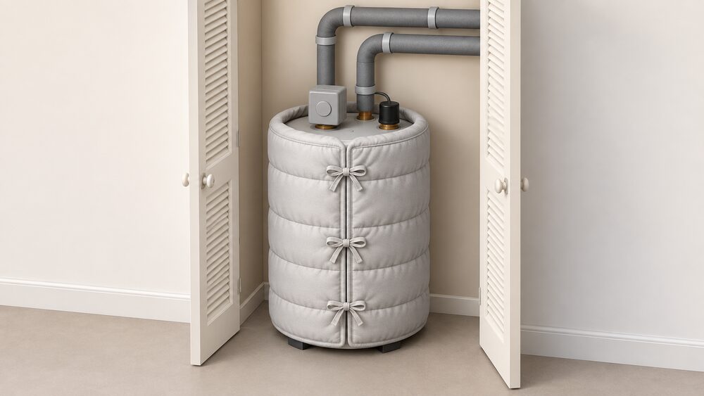 A hot water cylinder in an airing cupboard wrapped in a thick quilted insulation jacket secured with ties, with the pipes above it covered in foam lagging and the thermostat and immersion heater top left accessible.