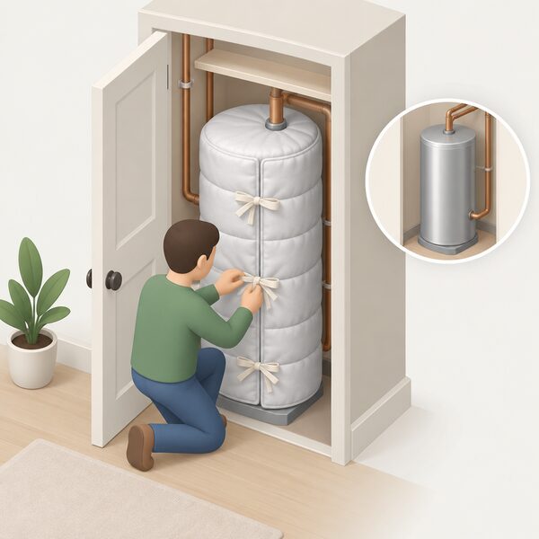 A domestic hot water cylinder in an airing cupboard fitted with a thick quilted insulating jacket, with a simplified isometric figure securing the jacket's ties, showing the measure for a bare metal cylinder.