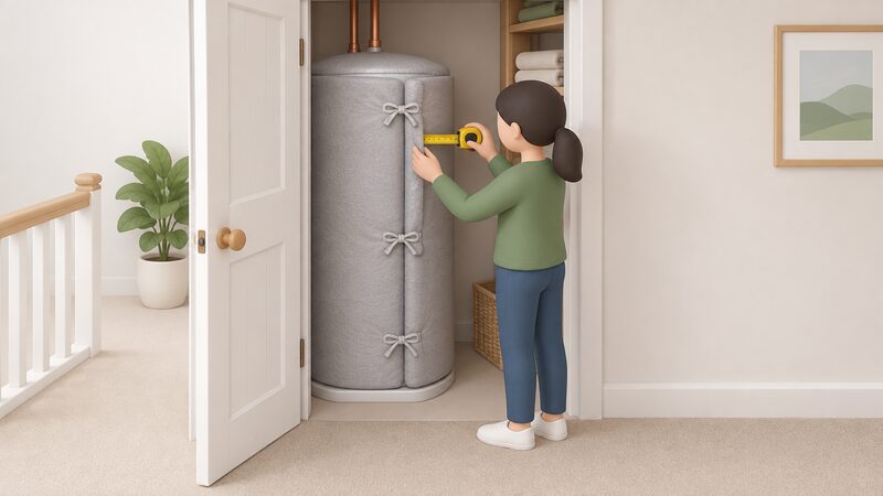 A person holds a tape measure against the side of a hot water cylinder jacketed in a UK airing cupboard, measuring the thickness of the insulation layer at its edge.
