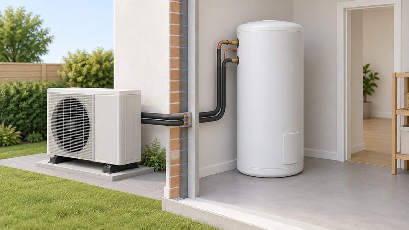 A modern unvented hot water cylinder with smooth factory-injected foam casing standing indoors beside a wall, shown with a heat pump outdoor unit on the other side of the wall outside, connected by refrigerant pipework passing through.