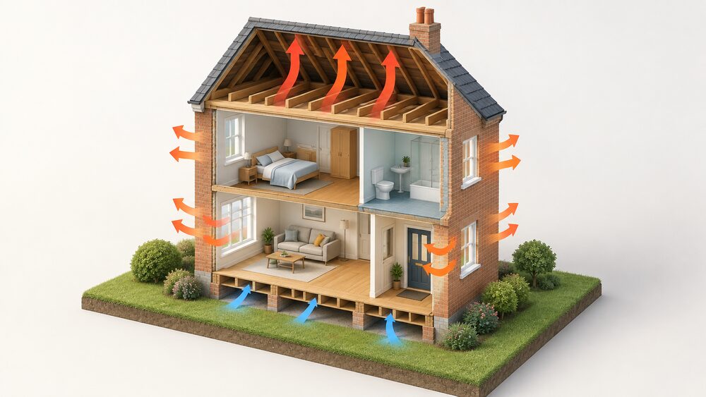 A cutaway of a typical uninsulated British house showing heat escaping through its five routes: warm air rising out of the uninsulated loft over the joists, heat bleeding through the exposed external walls, cold draughts at the suspended timber ground floor, and warmth passing through the glazing and door.