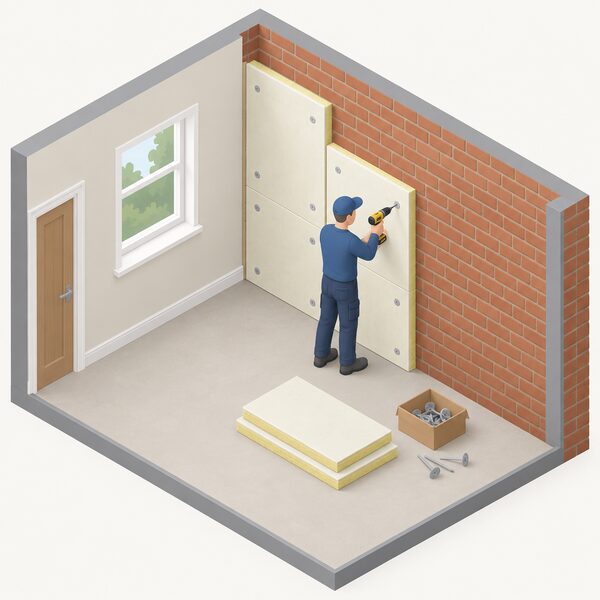 A professional installer in plain work clothing fixing insulation boards to the inside face of an exposed solid brick wall in a room of a house, using a drill to secure a board while other boards and fixings wait nearby on the floor.