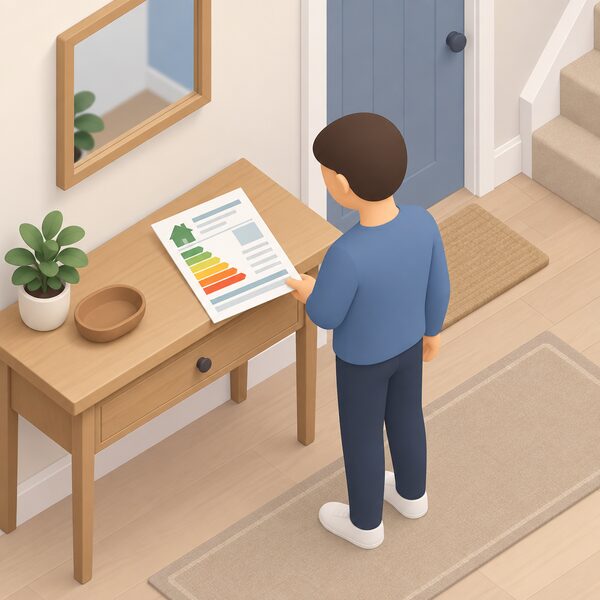 A domestic energy performance certificate shown as a physical printed sheet lying on a table in a home hallway, held at one corner by a simplified isometric figure, with its content rendered only as blank lines, plain colour bands and simple blocks so nothing is readable.