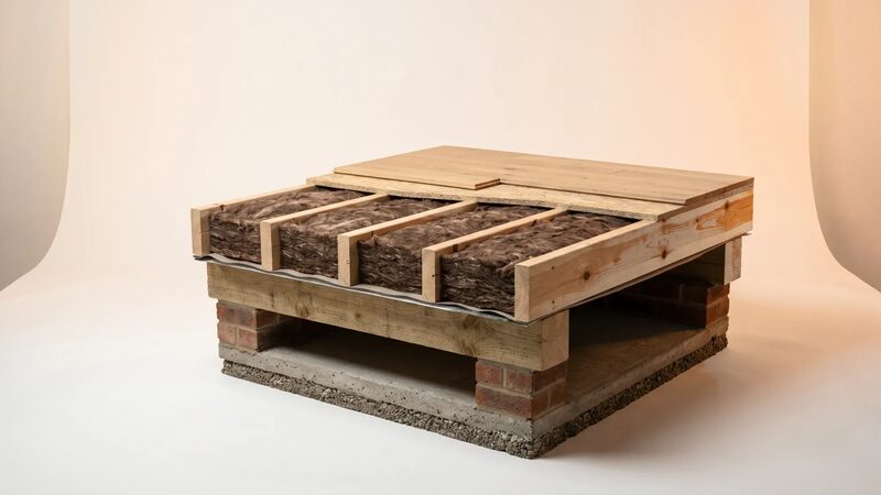 A cutaway model of a suspended timber floor showing mineral wool insulation between joists over a concrete base