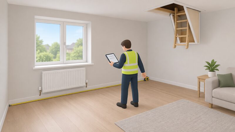 An energy assessor stands in a simply furnished living room of a house, holding a tape measure stretched along the floor between skirting boards while recording on a tablet held in the other hand, with a radiator, a window and an open loft hatch visible around the room.