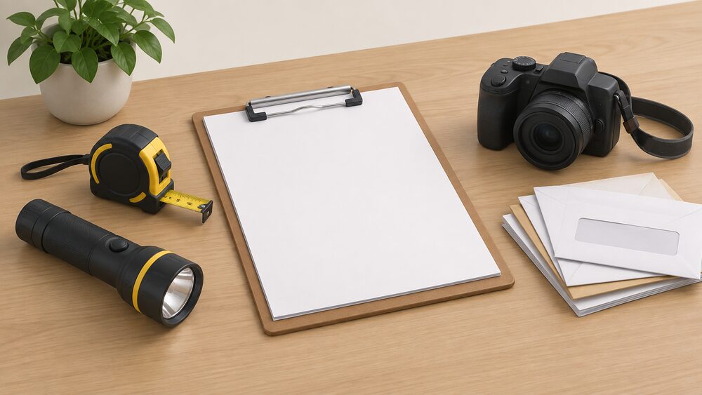A domestic energy assessor's kit laid out on a table before a home visit: a clipboard with blank survey paperwork, a tape measure, a torch, a camera and a small stack of envelopes holding recent energy bills, all ready to be carried room to room.