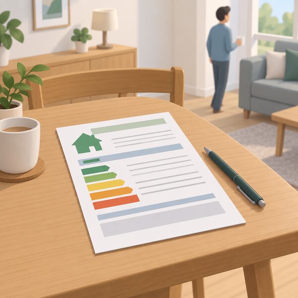 A paper home energy assessment report lying on a domestic table, drawn as a physical document with blank lines and plain colour bands, beside a pen, in a simple home interior.