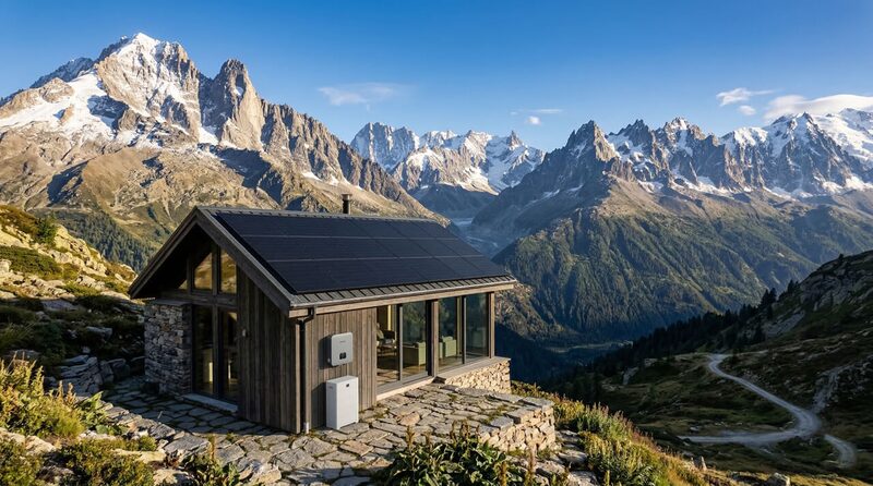 A wooden off-grid cabin with rooftop solar panels and an inverter and battery mounted on its exterior wall, set in snowy mountains