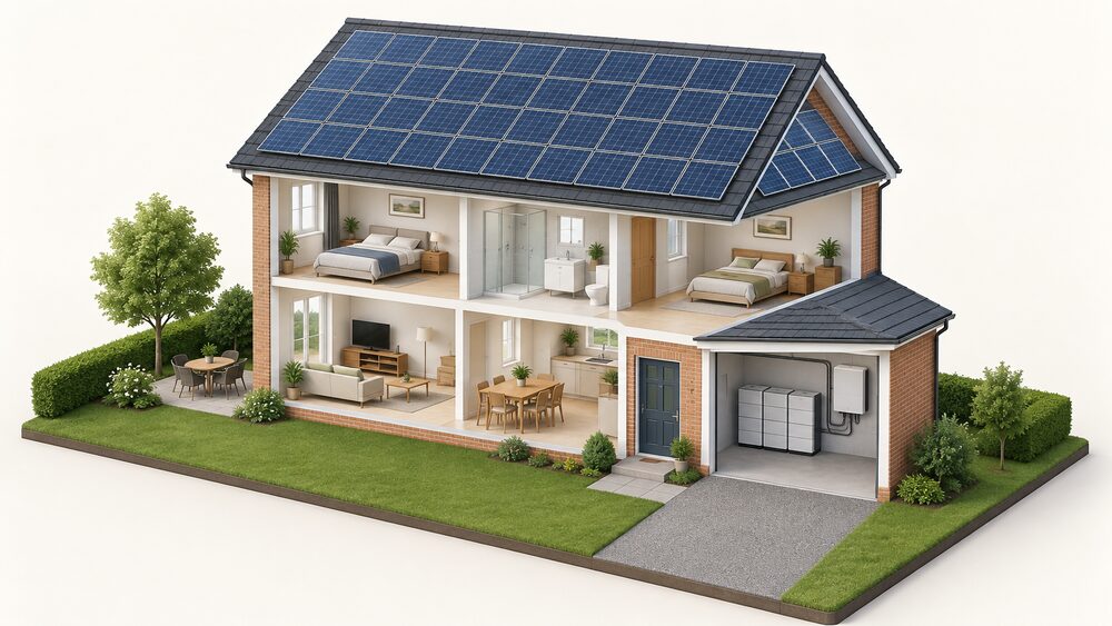 A cutaway of a detached UK home showing a large array of solar panels covering the roof, with a big battery bank and an off-grid inverter standing together in the garage, and no incoming grid cable anywhere in the scene.