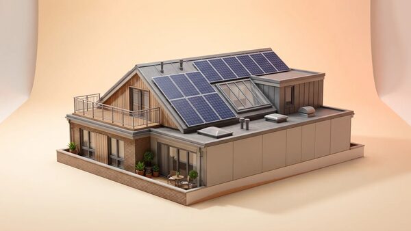 A 3D render of a modern house model with solar panels on its sloped roof