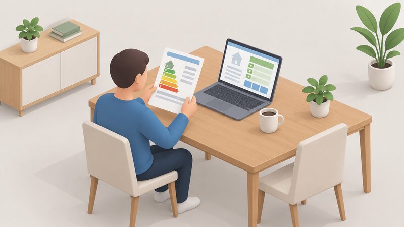 A householder seated at a table holds a printed Energy Performance Certificate document while looking at an open laptop beside it whose screen shows a simple energy saving tool as plain colour blocks and blank lines.