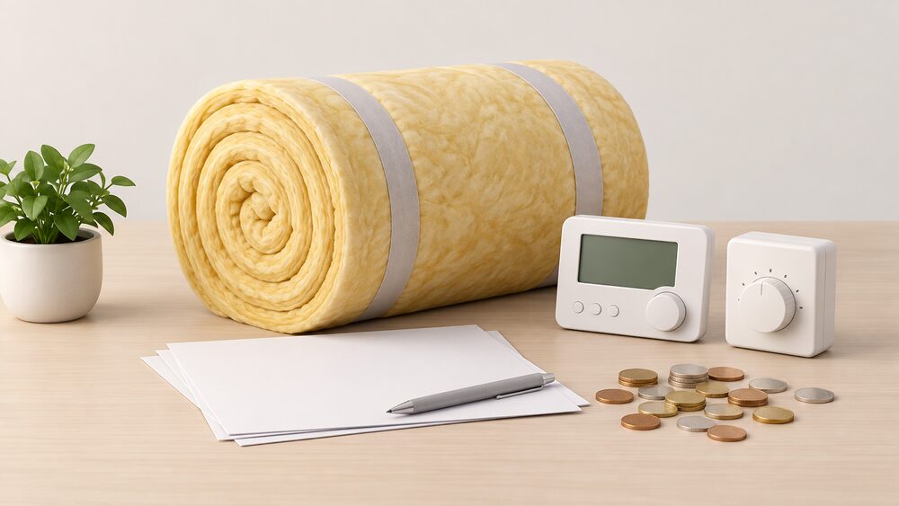 A small tabletop arrangement showing a roll of loft insulation, a wall-style room thermostat and a set of heating controls laid beside blank paperwork and a scatter of coins, suggesting the moment a household weighs up efficiency improvements against the money they could save.