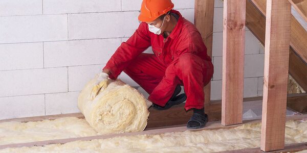 A worker in red overalls, hard hat and dust mask unrolling a roll of yellow fibreglass loft insulation between wooden joists