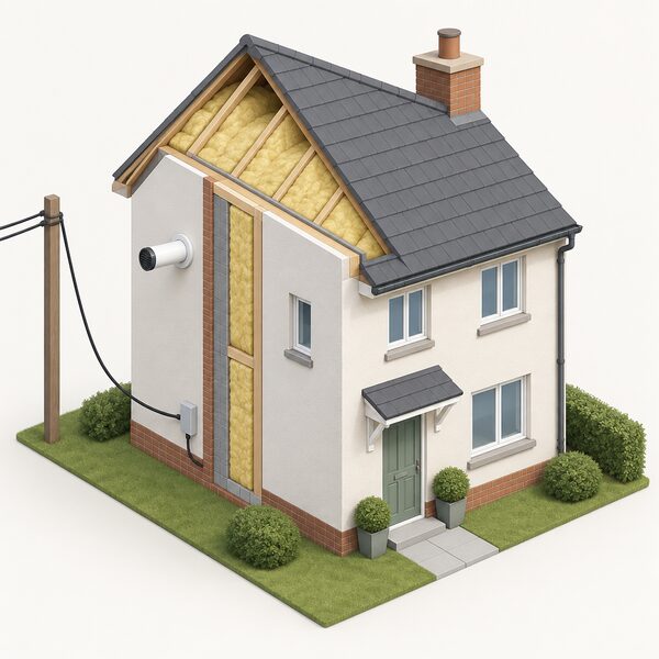 A simple cutaway-style exterior view of a well-insulated house with thick insulation shown in its walls and roof, a boiler flue pipe emerging from an outside wall, and a plain grid supply cable running to the house, showing it remains connected to external energy supplies.