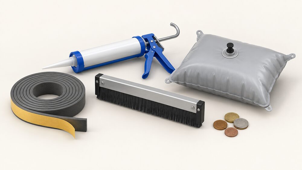 A small tabletop arrangement showing draught-proofing materials ready for a DIY job: a roll of self-adhesive draught strip, a sealant gun, a brush-style letterbox draught excluder and an inflatable chimney pillow laid out beside a few coins on a plain surface.