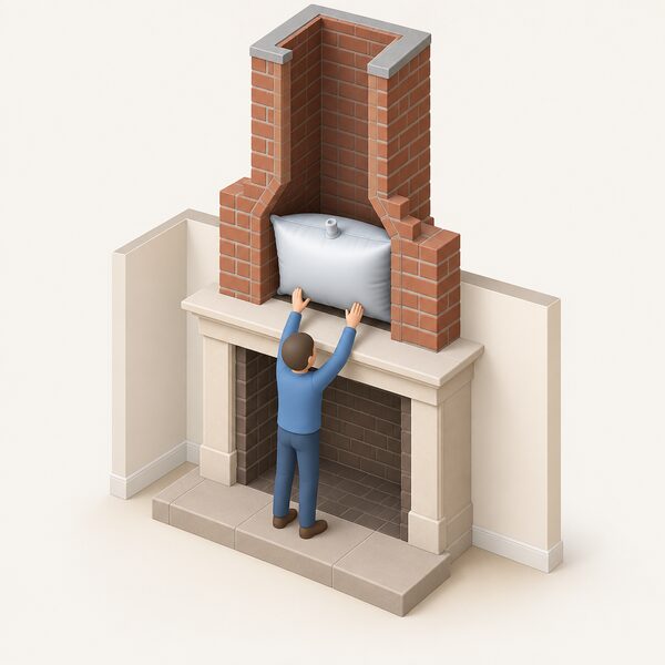 A cutaway view of a living-room fireplace with an open brick chimney, showing an inflated pillow-like balloon pushed up and seated just inside the flue above the fire opening, with a small isometric figure reaching up from the hearth to position it by hand.