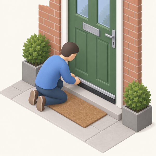 A close-up of the bottom of an external front door with a brush draught excluder strip fitted across it, the bristles just touching the floor threshold, with a small isometric figure kneeling beside it fitting or checking the strip.