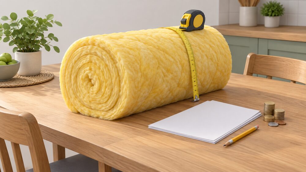 A thick roll of yellow loft insulation quilt lying on a kitchen table beside blank paperwork, a pencil and a small stack of coins, with a tape measure resting on the roll.