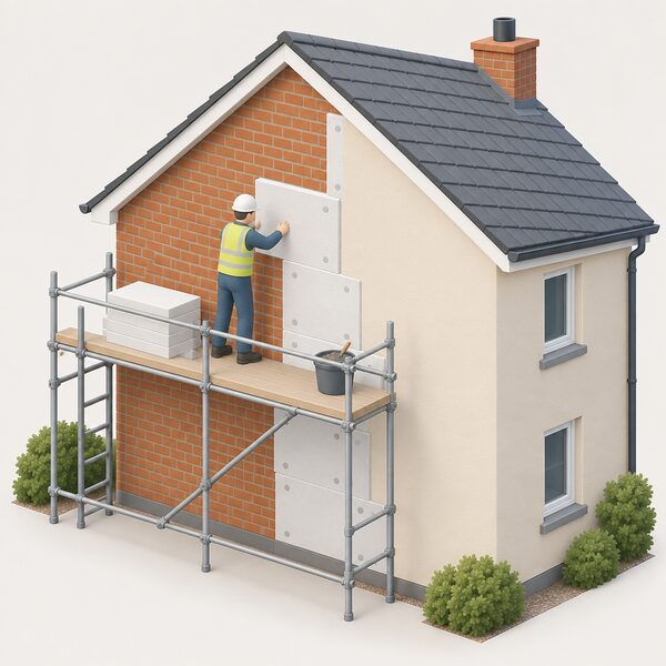 An installer on scaffolding at the gable end of a house fixing thick insulation boards to the bare external brick wall, with a section of the wall already covered in a smooth coloured render finish showing the before-and-after of the work.