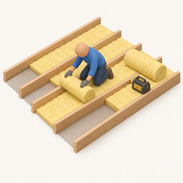 A simplified isometric figure kneels in a loft, unrolling a roll of insulation and laying it between the exposed ceiling joists, with a second roll and a small tool bag resting on the laid insulation nearby.
