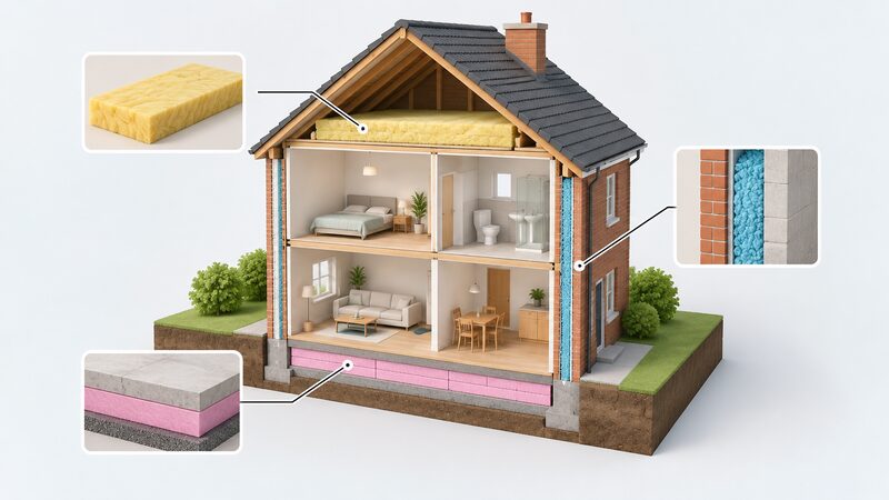 A cutaway diagram of a simple house showing thick insulation layers in the loft, within the cavity of the external walls and beneath the ground floor, each layer distinguished by a plain colour or hatch so the fabric-first sequence reads clearly.