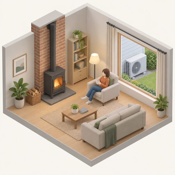 A cosy living room with a wood stove against an internal brick chimney breast, a small isometric figure seated nearby, and through a large window the heat pump outdoor unit standing on the ground against the exterior wall of the house.