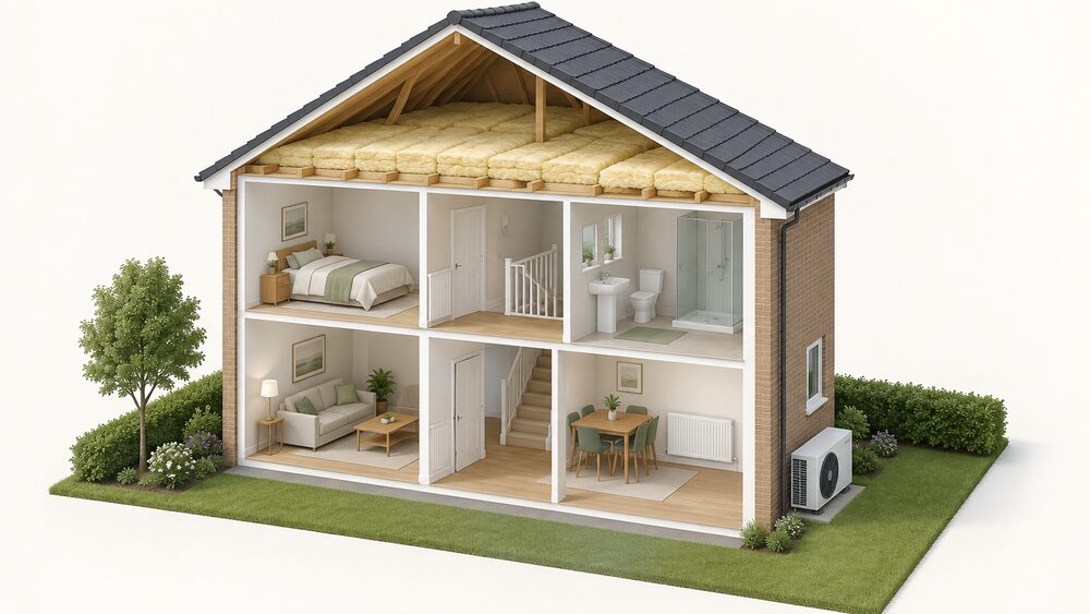 A cutaway of a house showing thick loft insulation laid between and over the joists, a large radiator on an inside wall, and an air source heat pump fan unit standing on the ground outside the external wall.