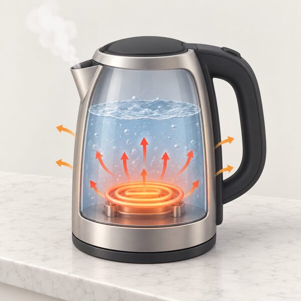A cutaway electric kettle on a worktop showing its coiled heating element fully submerged in the water inside, with heat flowing directly from the element into the surrounding water and only small losses through the kettle walls and steam at the spout.