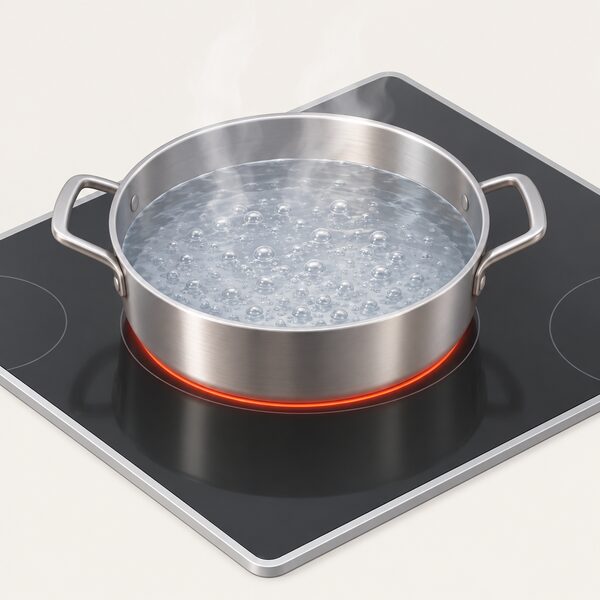 A close-up isometric view of a large pan of water sitting on an induction hob ring, with the hob surface shown heating the pan base directly while the surrounding hob surface stays cool and unlit.