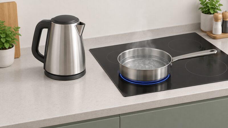 A stainless steel electric kettle sits on a worktop beside an induction hob on which a flat-based pan of water stands squarely over one lit ring, showing the kettle heating water directly while the hob heats the pan that heats the water.