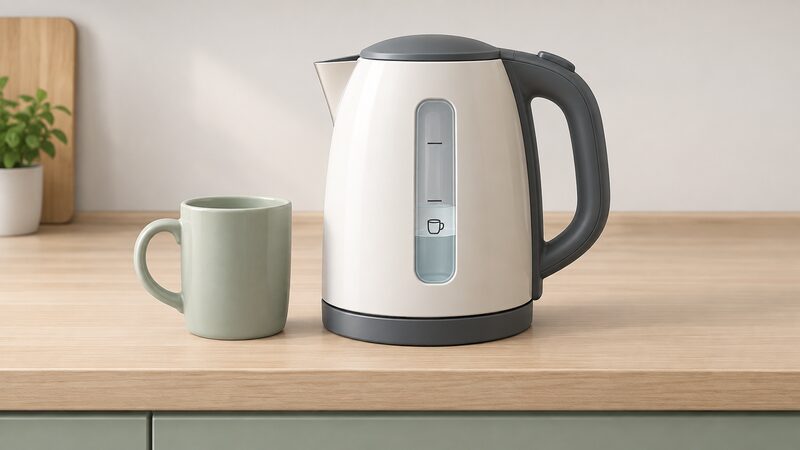 A cordless electric jug kettle on a kitchen worktop, seen close up, with a single mug beside it and a clearly visible internal or side fill line showing the water level set to just one mug's worth.