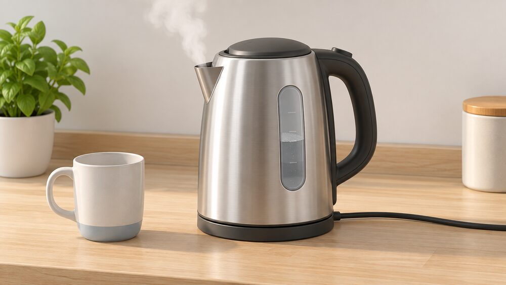 A close-up of a corded electric kettle on a kitchen worktop, filled only to its water level mark, with gentle steam rising from the spout and a single empty mug waiting beside it.