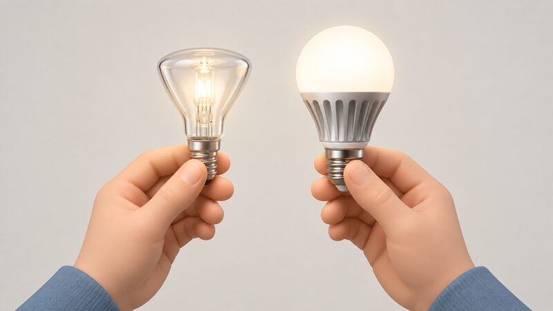 A hand holds a halogen bulb and an LED bulb side by side at eye level, the halogen with its slim glass envelope and visible filament, the LED with a wider plastic diffuser and base, both similar in overall brightness.
