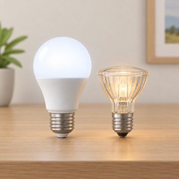 A simple side-by-side still life of one LED bulb and one older halogen bulb standing upright on a plain indoor surface, such as a table or shelf in a home, with the LED bulb slightly larger and cooler-toned and the halogen bulb smaller and warmer-toned, no people or fittings.
