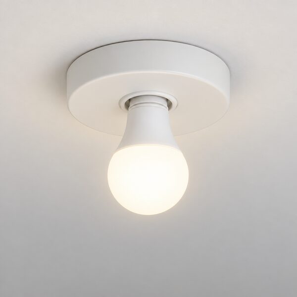 A single LED bulb fitted in a simple flush ceiling light fitting in a home room, shown in close-up against the ceiling so the bulb itself and the fitting it sits in are clearly visible, with no other lighting or equipment in the scene.