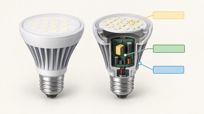 A cutaway diagram of a single LED bulb shown whole beside a sectioned view, revealing the internal driver electronics, a finned metal heat sink around the base, and the LED array on the flat top, each part marked with a plain blank label block and leader line.