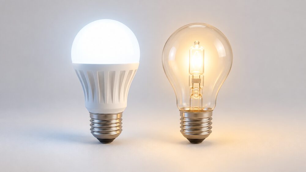 A close-up of a single LED bulb and a single halogen bulb standing side by side on a plain surface, the LED glowing cool and bright and the halogen glowing warm, both shown whole with no fittings or other objects.