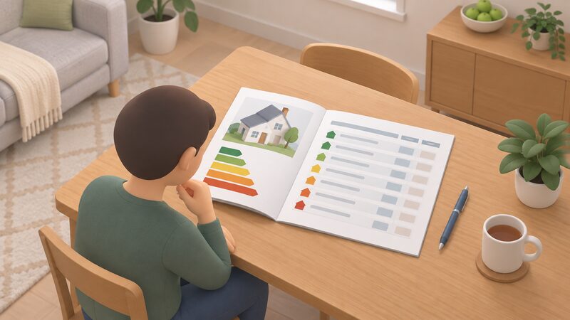 A printed EPC recommendation report lying open on a household table, its page showing a ranked list of improvement measures as plain rows with blank line blocks for cost and heat saved columns, beside a pen and a small isometric figure of a person reading it.